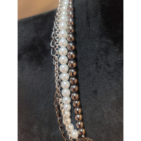 Women's Multi Layer Pearl Beaded Chain Necklace With Silver Flower Pendant - Picture 5 of 6